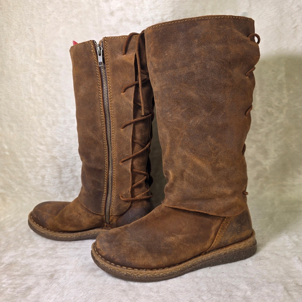 Born Sable Tall Suede Lace Up Back Boots Glazed Ginger Brown Womens 9 40.5 NEW